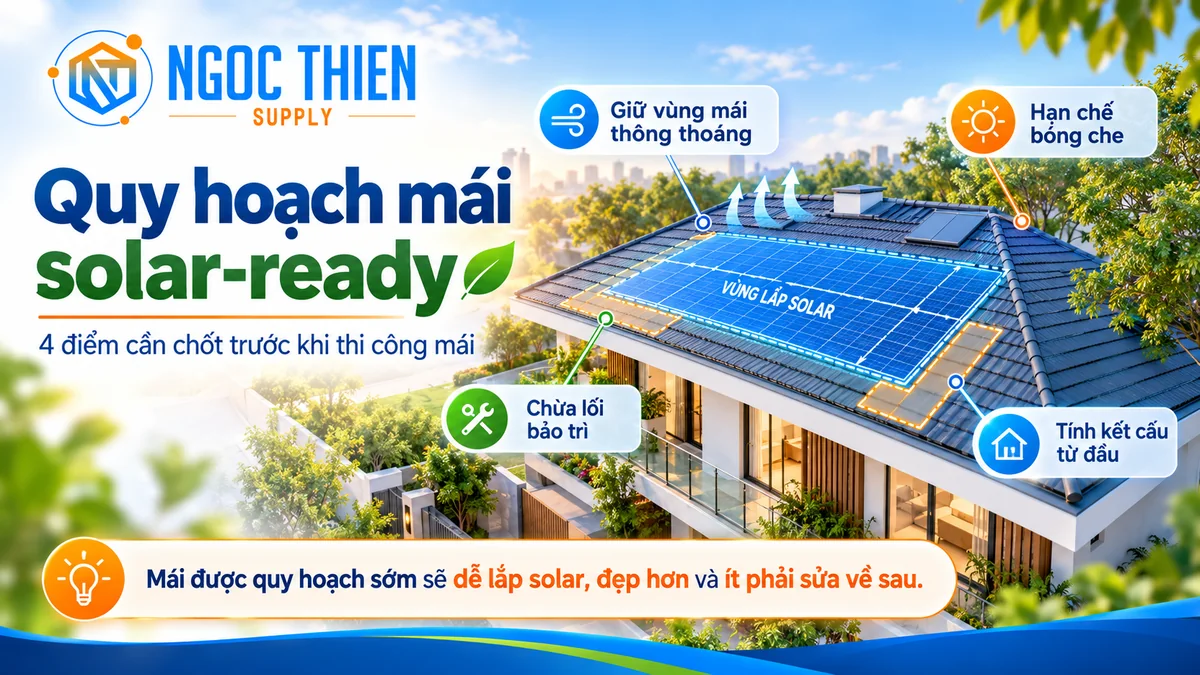 Quy hoạch mái solar-ready cho nhà mới xây với vùng mái thông thoáng, lối bảo trì và kết cấu dự phòng.