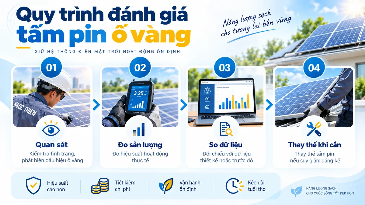 Quy trình quan sát, đo sản lượng, so sánh dữ liệu và thay thế module khi hiện tượng ố vàng gây suy giảm đáng kể