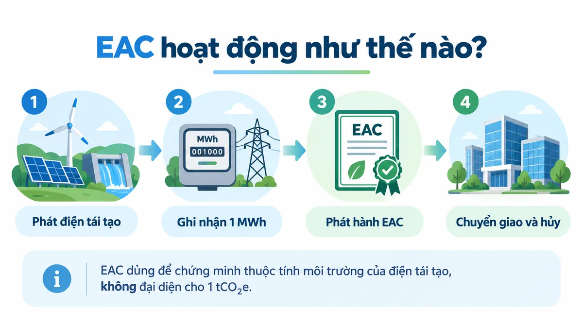 Quy trình EAC từ phát điện tái tạo đến ghi nhận, phát hành, chuyển giao và hủy