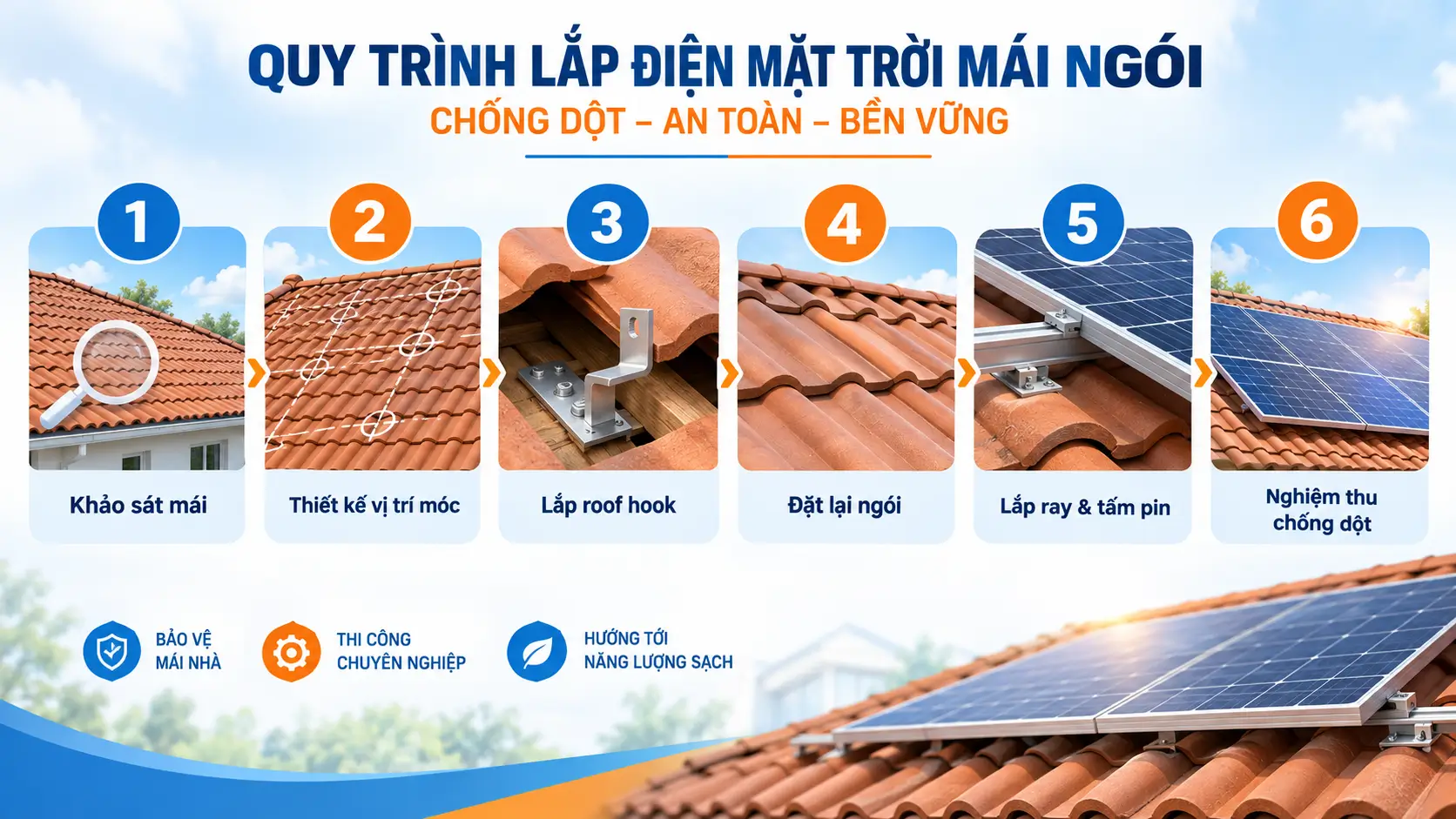 Quy trình lắp điện mặt trời mái ngói chống dột