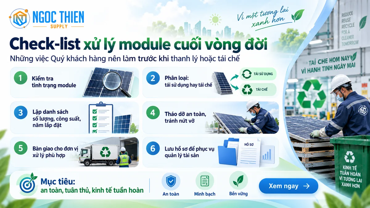 Quy trình tái chế tấm pin mặt trời gồm bốn bước từ thu gom, tháo khung đến thu hồi nguyên liệu.