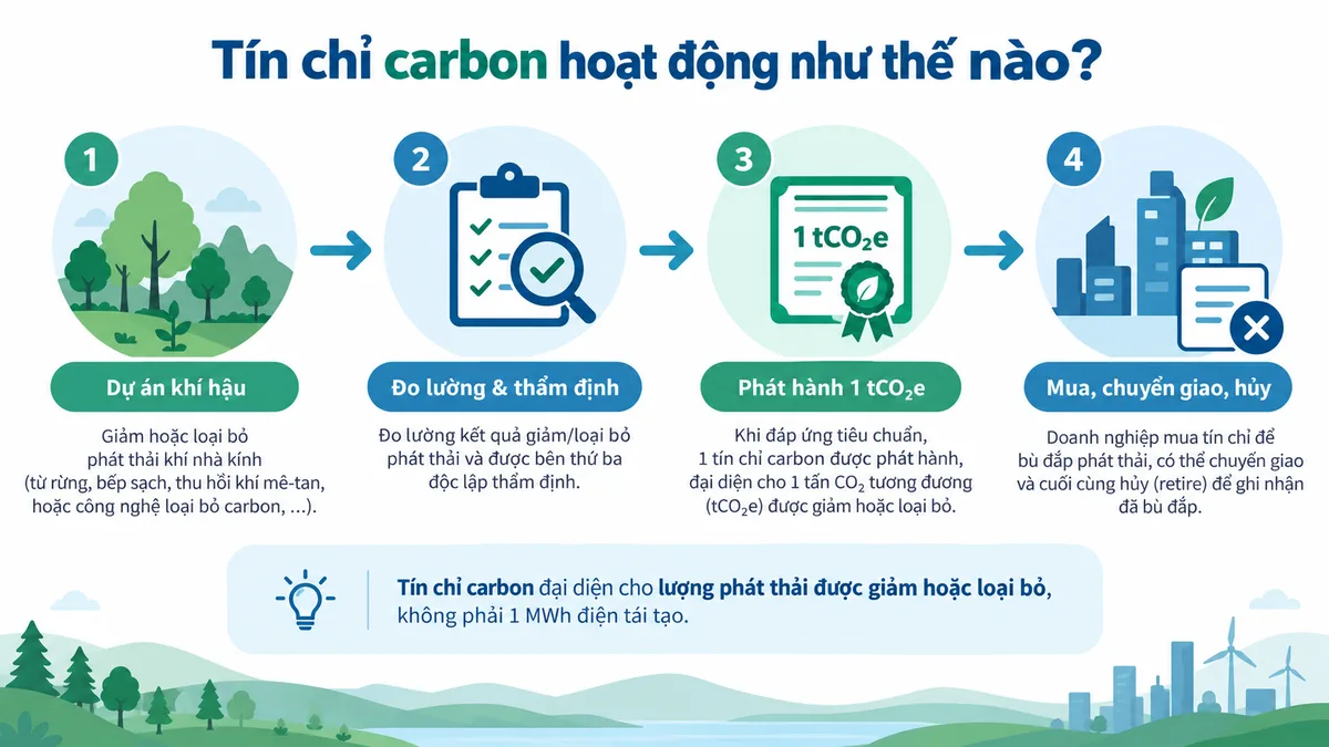 Quy trình tín chỉ carbon từ dự án khí hậu đến đo lường, xác minh, phát hành và retirement