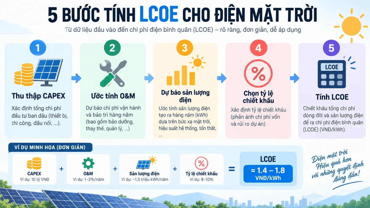 Quy trình 5 bước tính LCOE điện mặt trời từ CAPEX đến chọn tỷ lệ chiết khấu