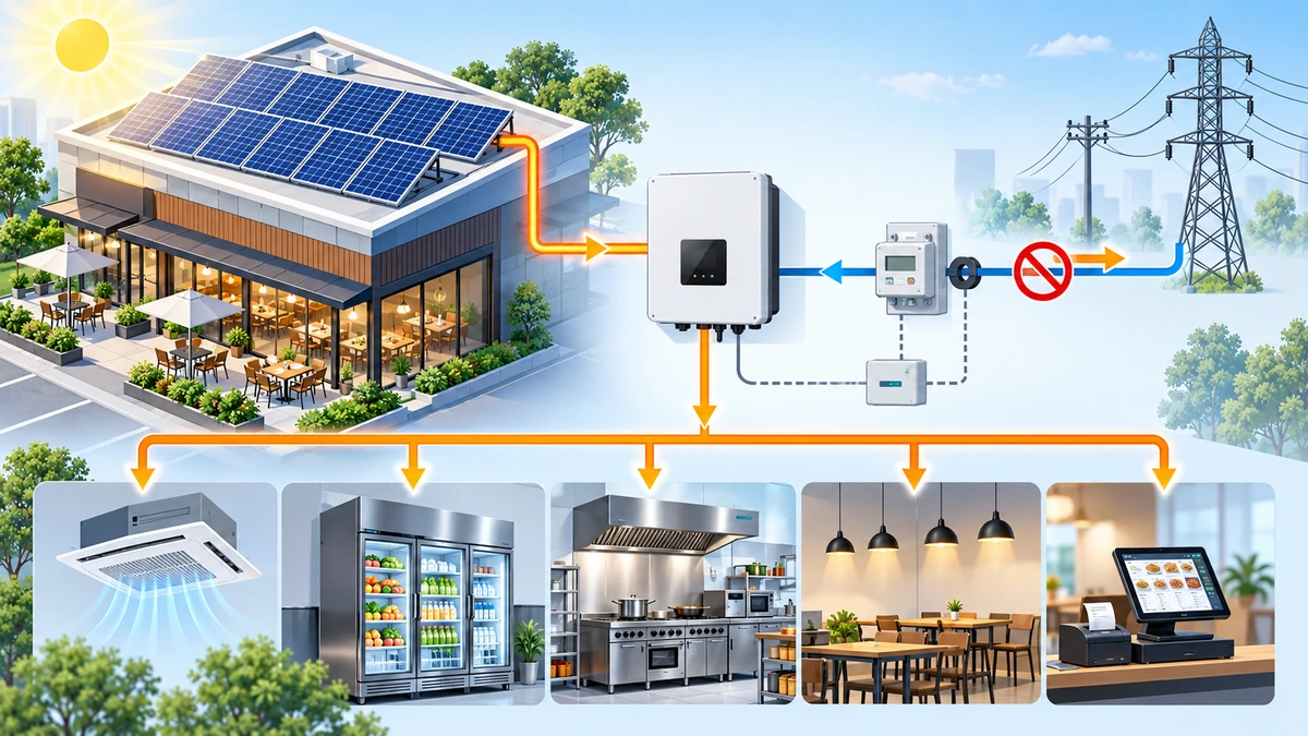 Sơ đồ điện mặt trời bám tải cấp điện cho các phụ tải nhà hàng