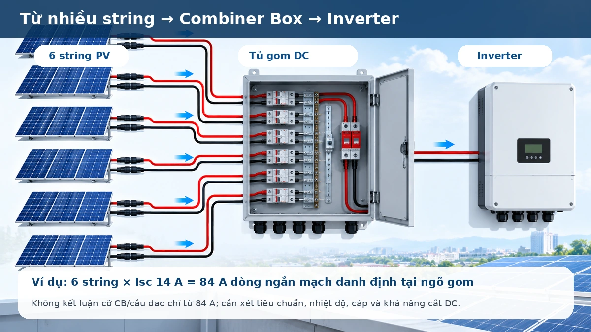 Sơ đồ nhiều string PV đi qua Combiner Box trước khi vào inverter