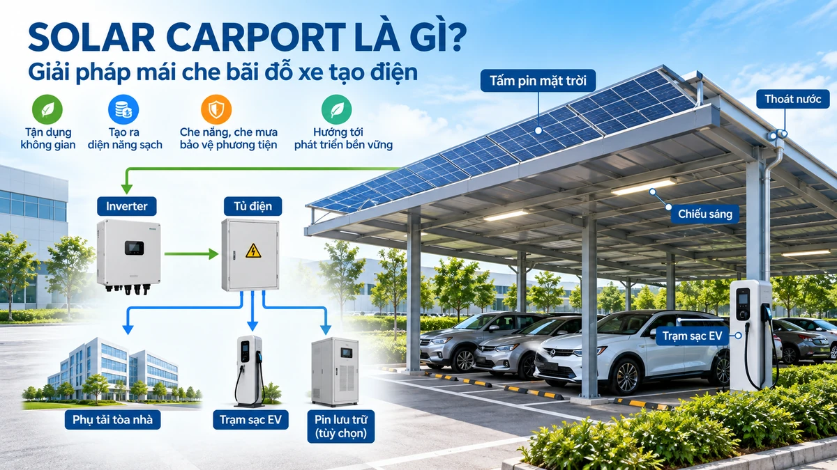 Sơ đồ hệ thống Solar Carport kết nối inverter trạm sạc EV và pin lưu trữ