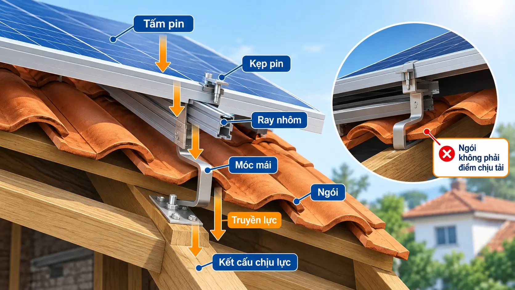 Cấu tạo lắp điện mặt trời mái ngói bằng móc và thanh ray