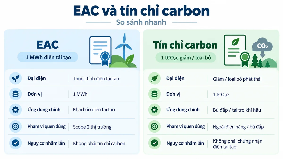 So sánh nhanh EAC và tín chỉ carbon theo đơn vị và mục đích sử dụng