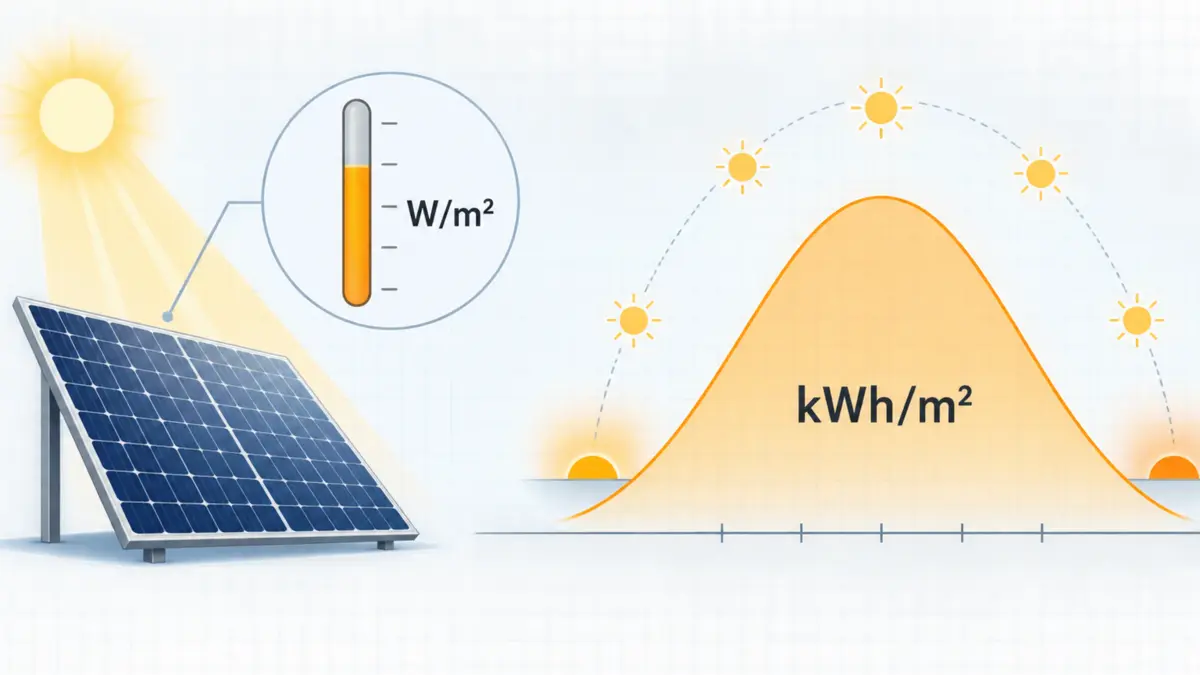 Irradiance mô tả mức bức xạ tại thời điểm đo; Irradiation cộng dồn năng lượng trong một khoảng thời gian.