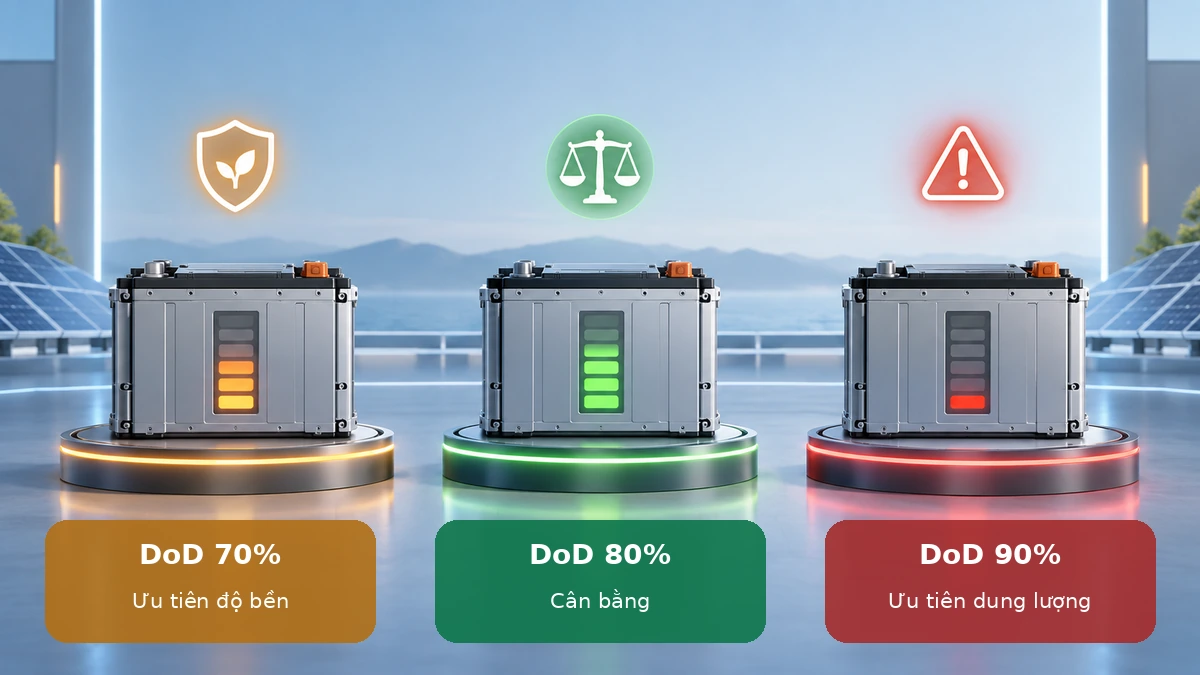 So sánh mức DoD pin lưu trữ 70%, 80% và 90%