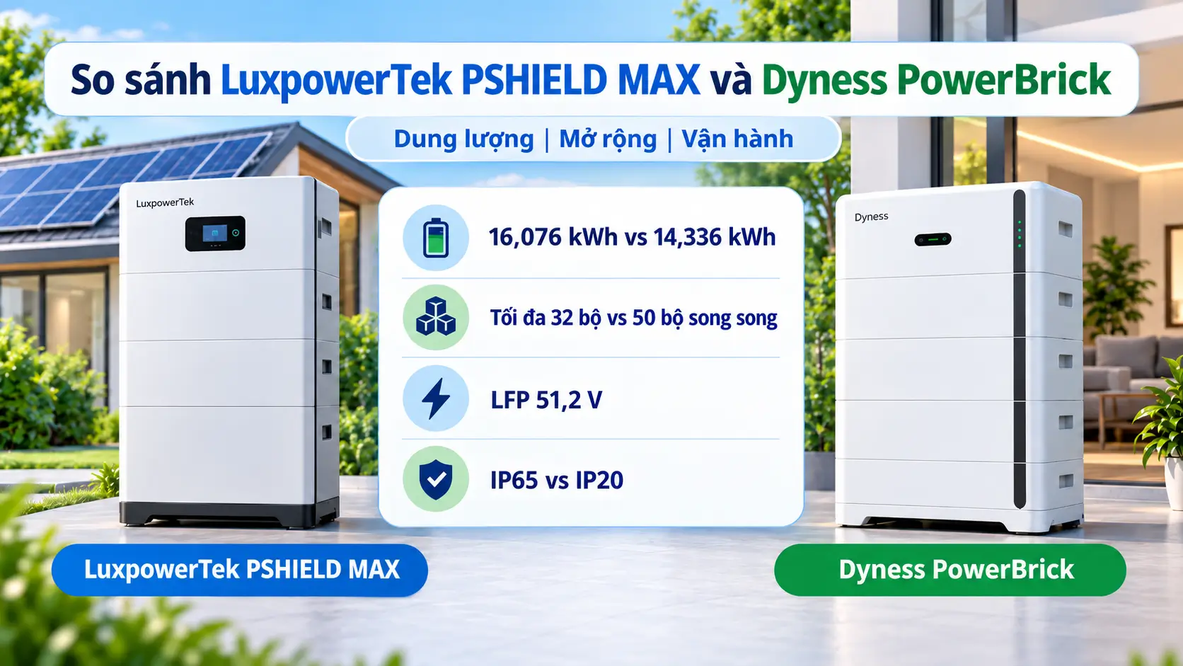 So sánh nhanh hai hệ pin lưu trữ 51.2 V LuxpowerTek PSHIELD MAX và Dyness PowerBrick