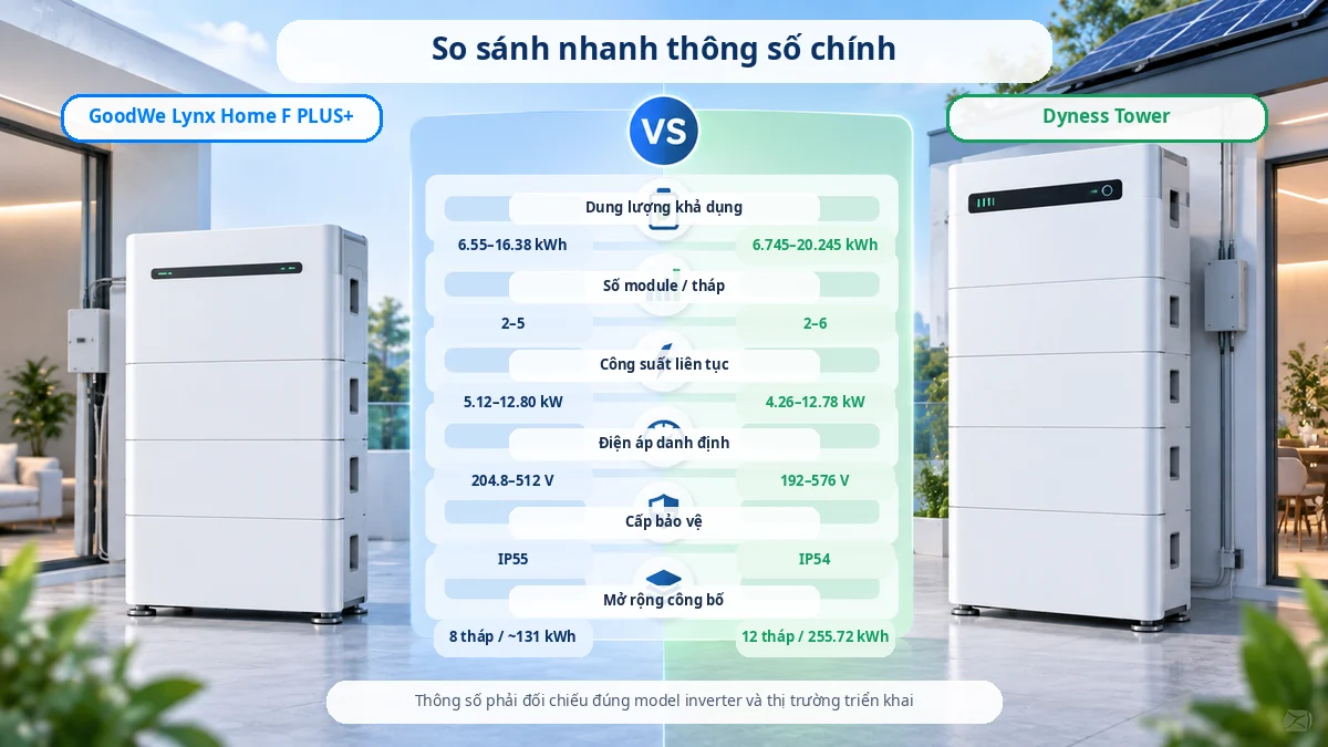 Bảng so sánh thông số GoodWe Lynx Home F PLUS+ và Dyness Tower