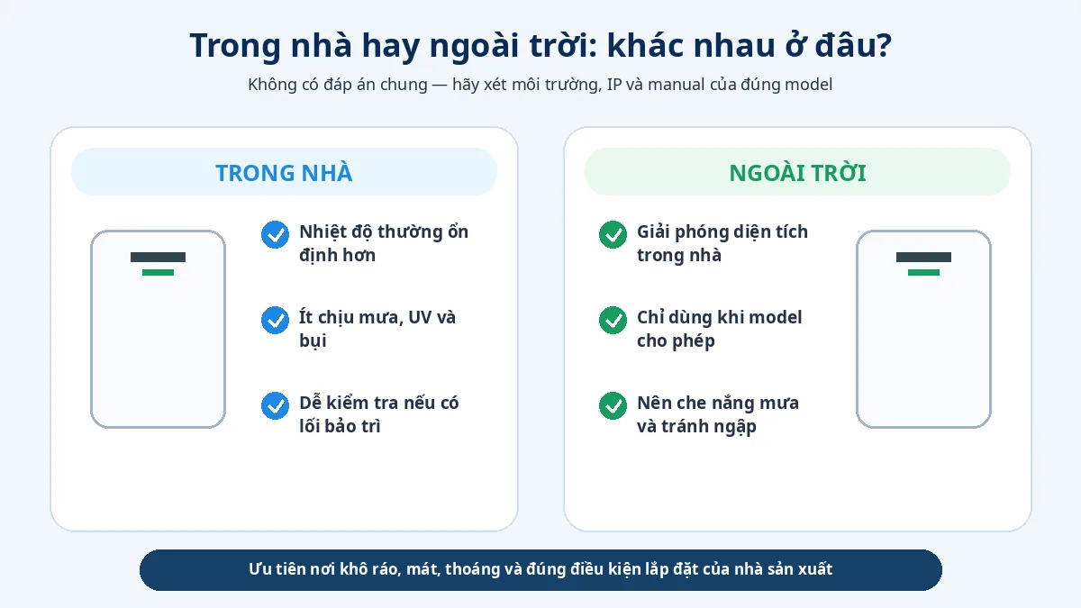 So sánh vị trí pin lưu trữ trong nhà và ngoài trời theo nhiệt độ, bảo vệ môi trường và khả năng bảo trì