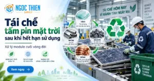 Tái chế tấm pin mặt trời sau khi hết hạn sử dụng tại nhà máy xử lý module cuối vòng đời.