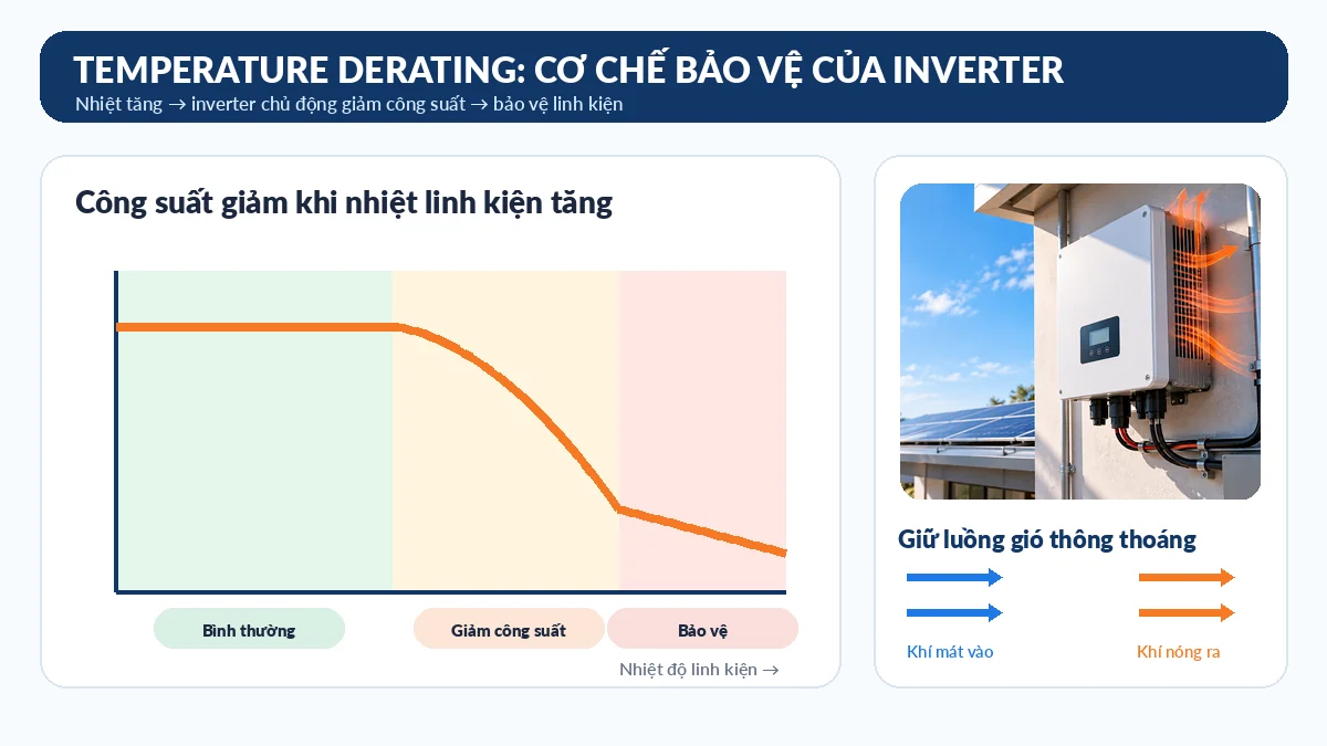 Đồ thị minh họa temperature derating và nguyên tắc giữ luồng gió quanh inverter thông thoáng