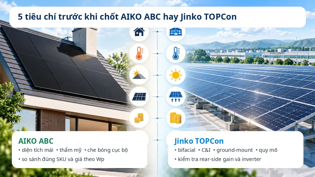 Năm tiêu chí thực tế để lựa chọn AIKO ABC hoặc Jinko TOPCon theo công trình