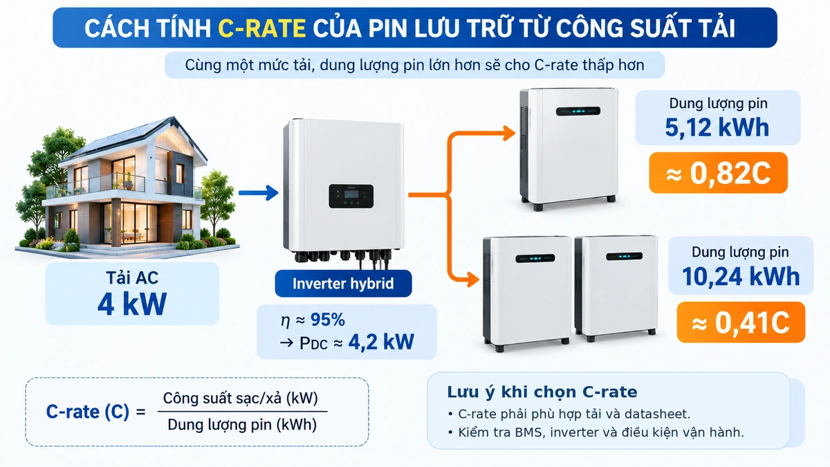 Tính C-rate pin lưu trữ từ công suất tải và inverter hybrid.
