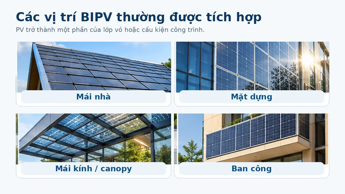 Các vị trí BIPV thường được tích hợp gồm mái, mặt dựng, mái kính hoặc canopy và ban công