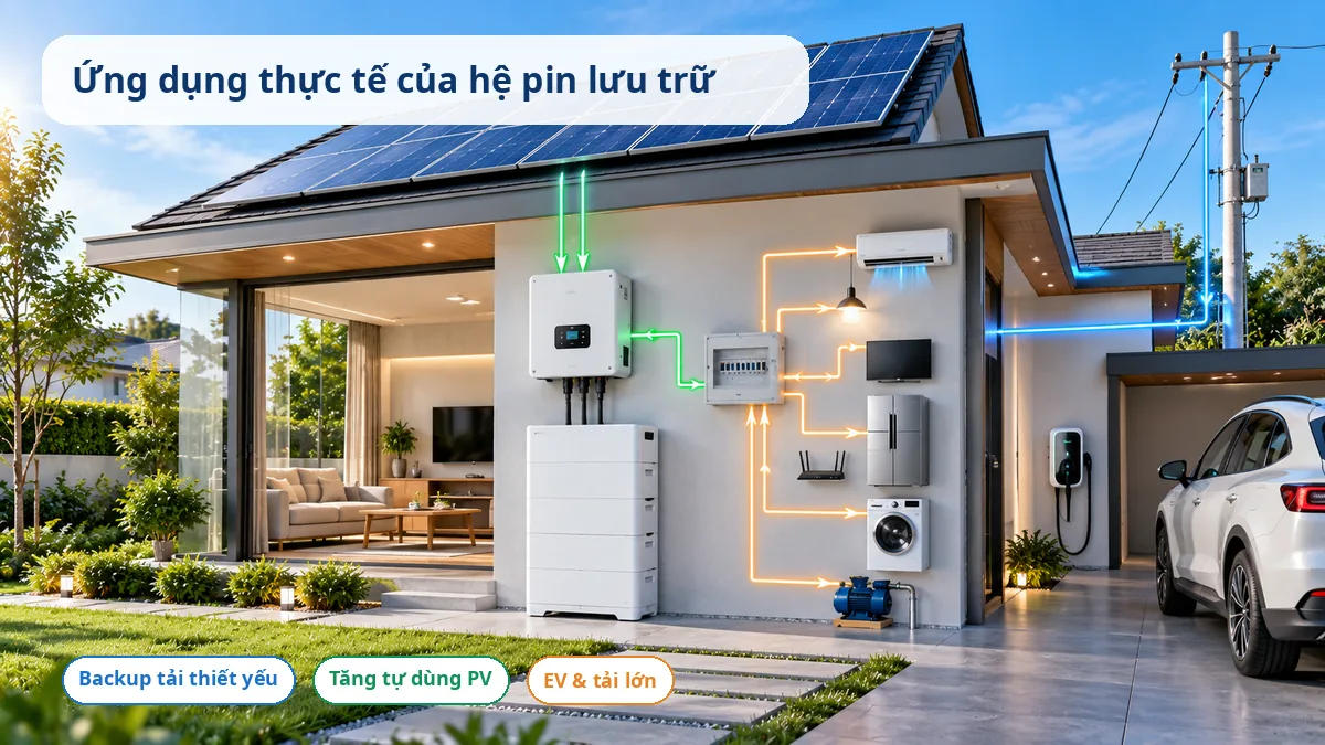 Ứng dụng thực tế của hệ pin lưu trữ cho backup, tự dùng PV và tải lớn