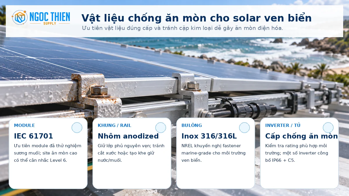 Vật liệu chống ăn mòn cho hệ điện mặt trời ven biển gồm module IEC 61701, nhôm anodized, inox 316 và thiết bị điện phù hợp.