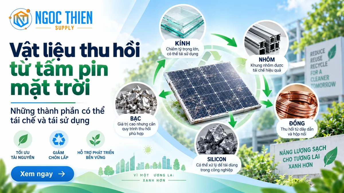 Vật liệu có thể thu hồi từ tấm pin mặt trời gồm kính, nhôm, đồng, silicon và bạc.
