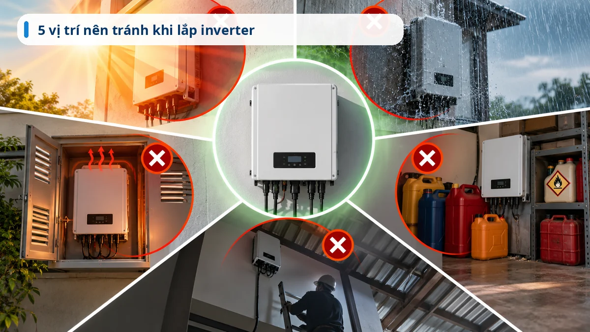 Năm vị trí nên tránh khi lắp inverter gồm nắng trực tiếp, mưa tạt, tủ kín, gần chất dễ cháy và vị trí khó bảo trì