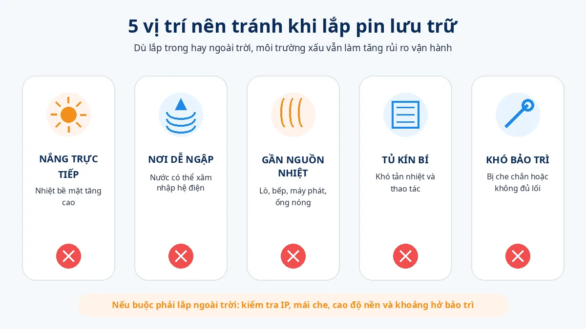 Năm vị trí nên tránh khi lắp pin lưu trữ gồm nắng trực tiếp, dễ ngập, nguồn nhiệt, tủ kín và khó bảo trì